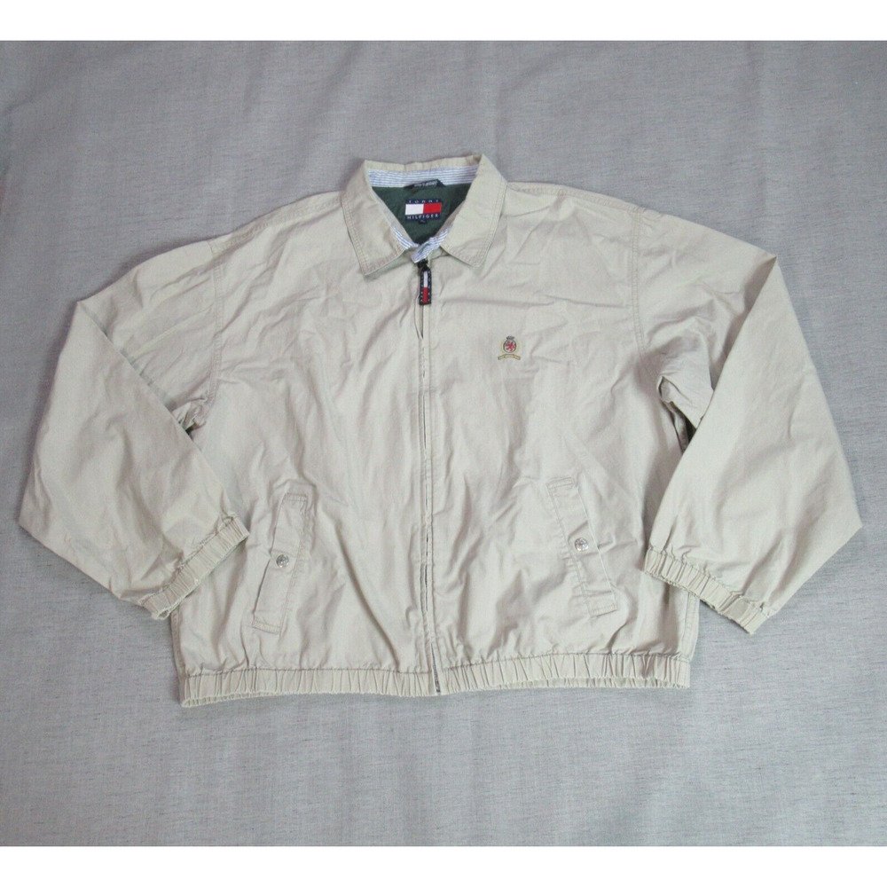 Vintage Tommy Hilfiger Jacket Size XL Beige Khaki Bomber Crest Harrington Preppy